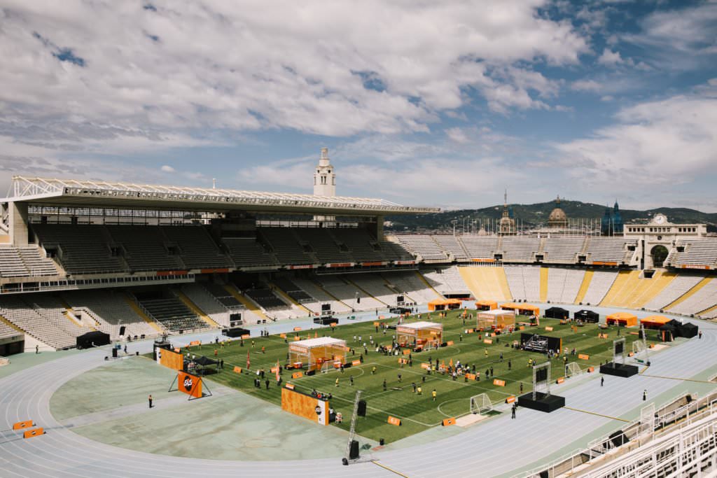 Aerial view of the 5v5 pitches built inside the Olympic stadium in Barcelona
