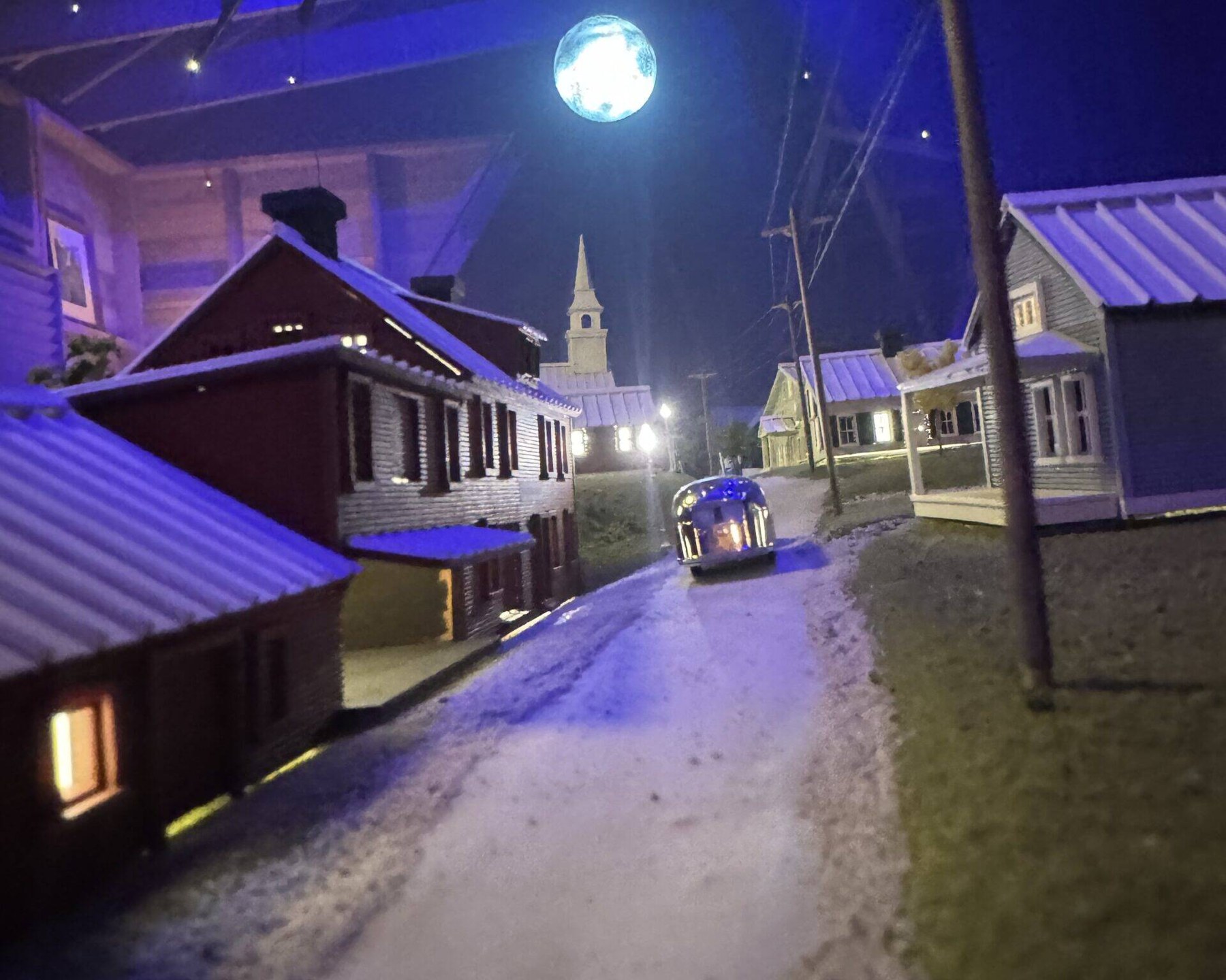 Moonlit Winter River miniature street set in blue light