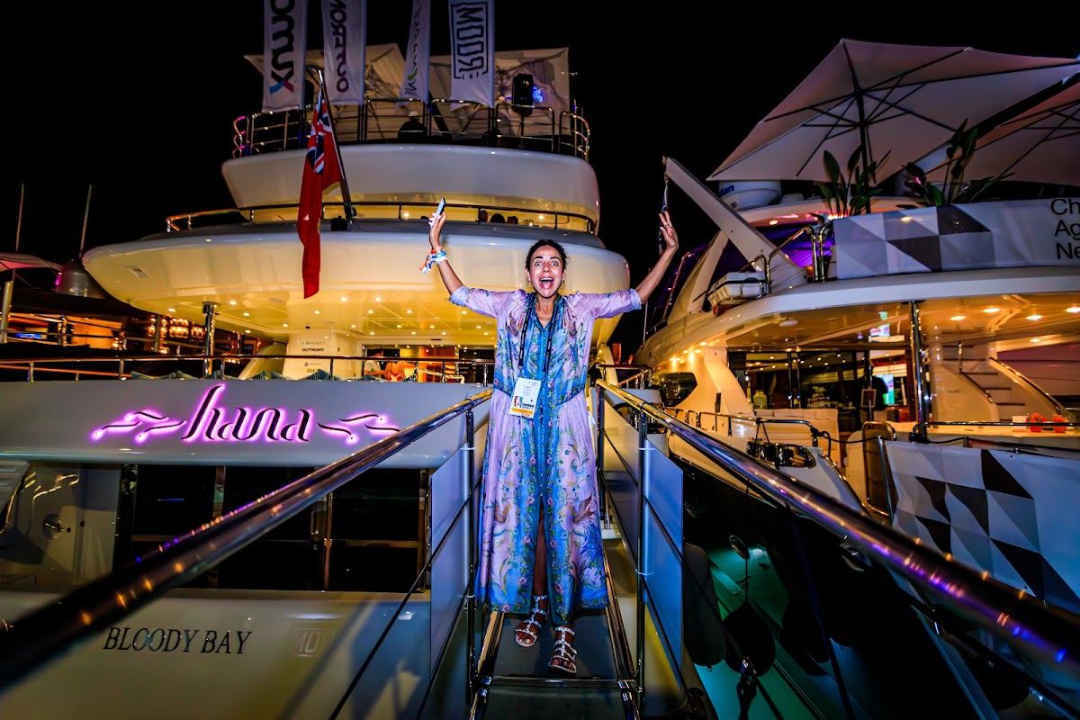 Guest arriving at the Yacht Hana gangway for the OUTFRONT/ at Cannes private evening