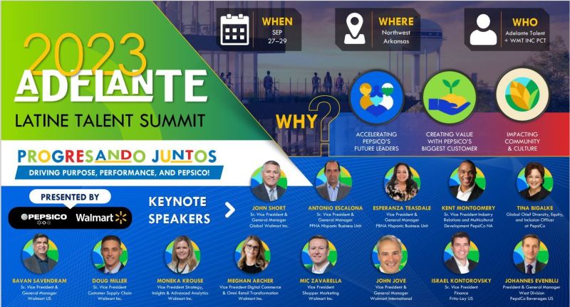 Speaker lineup graphic for the 2023 Adelante Latine Talent Summit with PepsiCo and Walmart keynotes