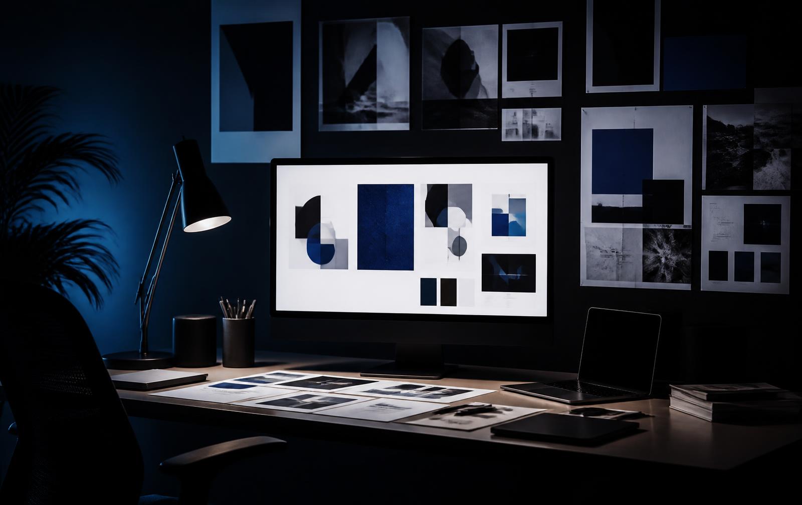 Design studio desk at night with brand layouts on screen and printed boards