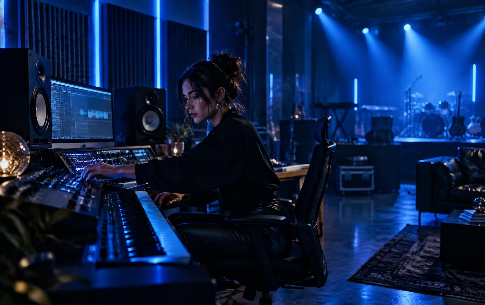 Music producer at a mixing desk in a blue-lit studio with a live stage in the background
