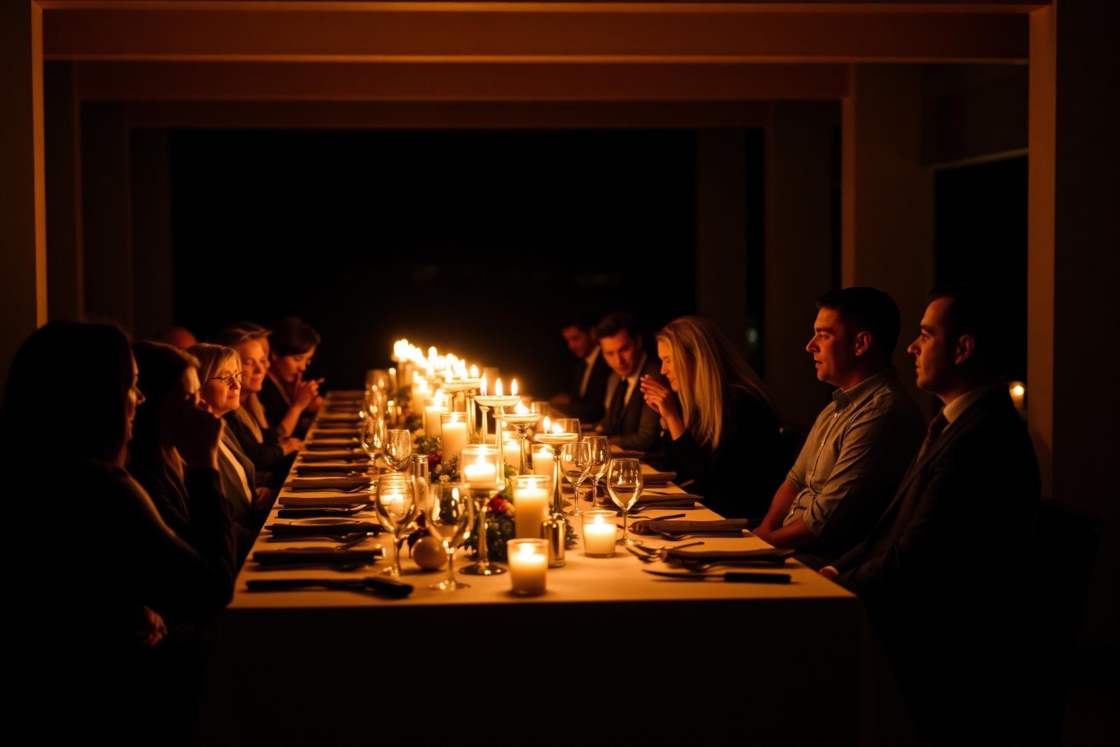 The long candlelit table mid-conversation