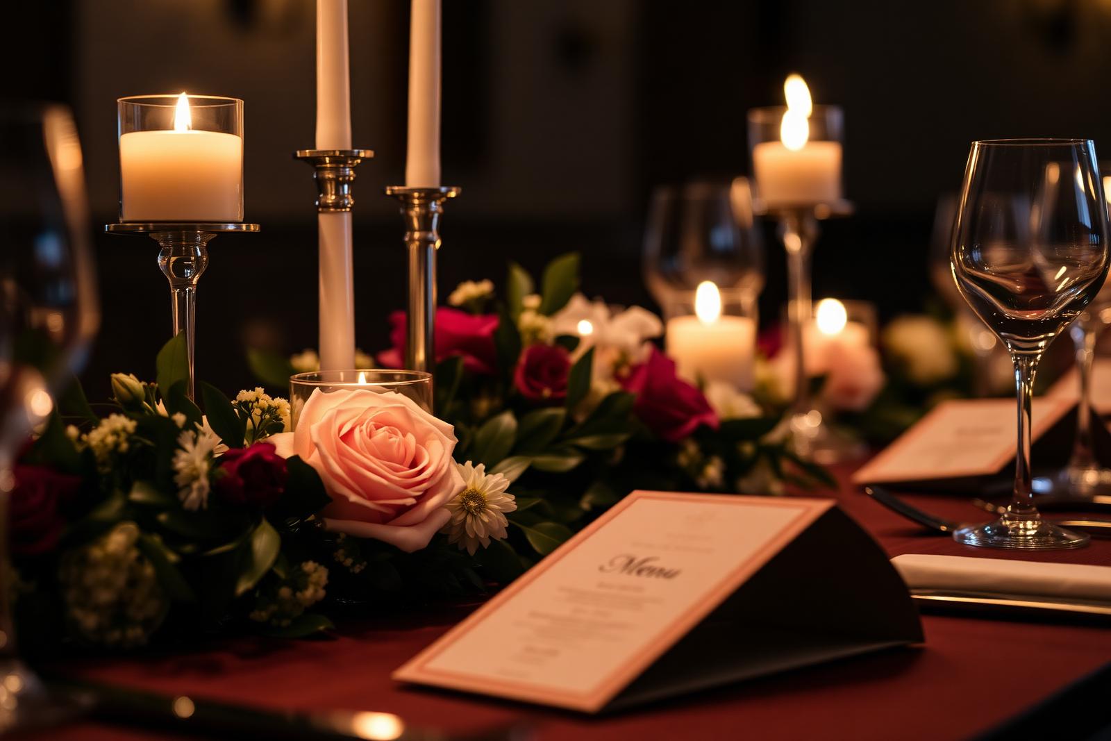 Tablescape detail with menu card, florals, and candlelight